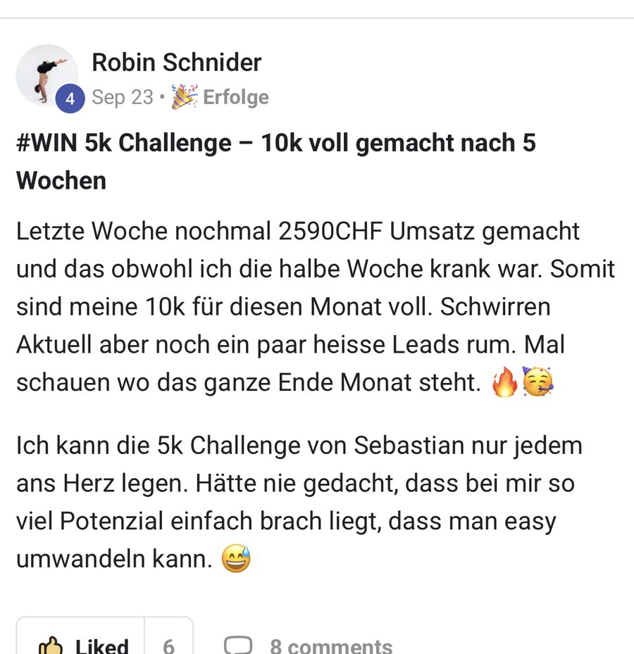 Robin Schnider in Sebastians Community: #WIN 5k Challenge, 10k voll gemacht nach 5 Wochen. Ich kann die 5k Challenge von Sebastian nur jedem ans Herz legen.